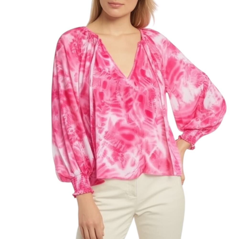 Ramy Brook Size XS Randi Puff Sleeve Blouse Pink Tie Dye Tropical Resortwear